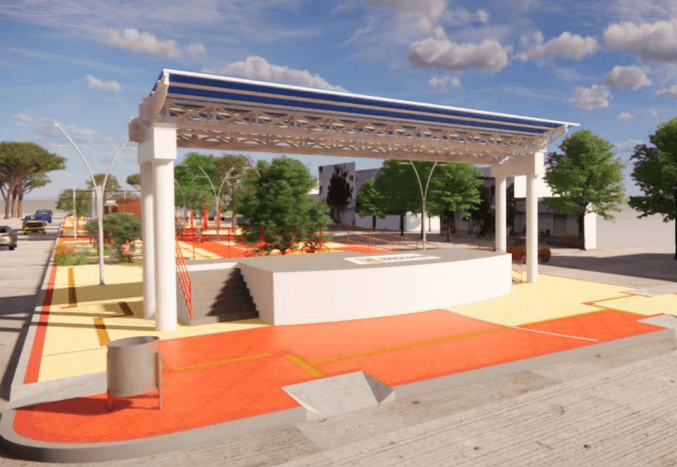 Tarima con cubierta metálica para parque municipal