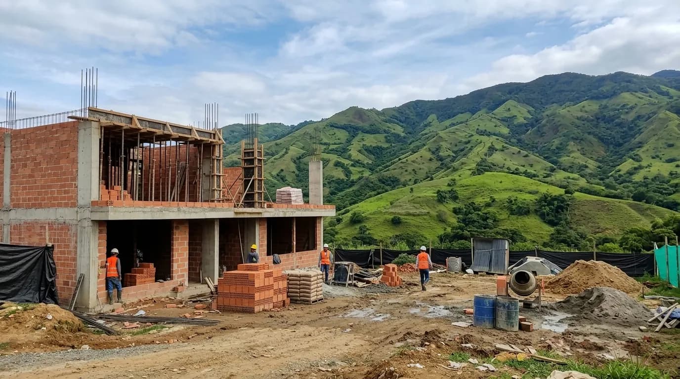 Vivienda en construcción con estructura en concreto y mampostería