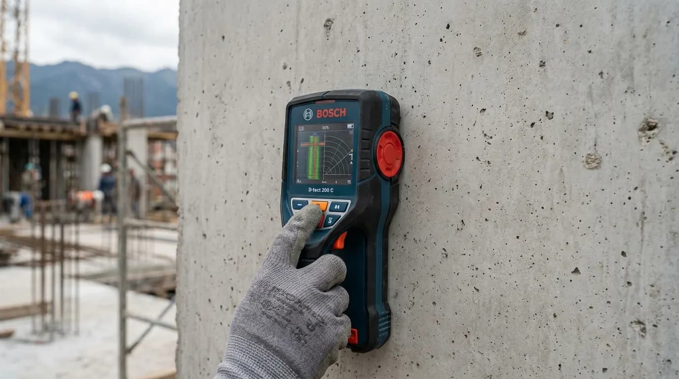 Detector de acero apoyado sobre una columna de concreto durante una inspección