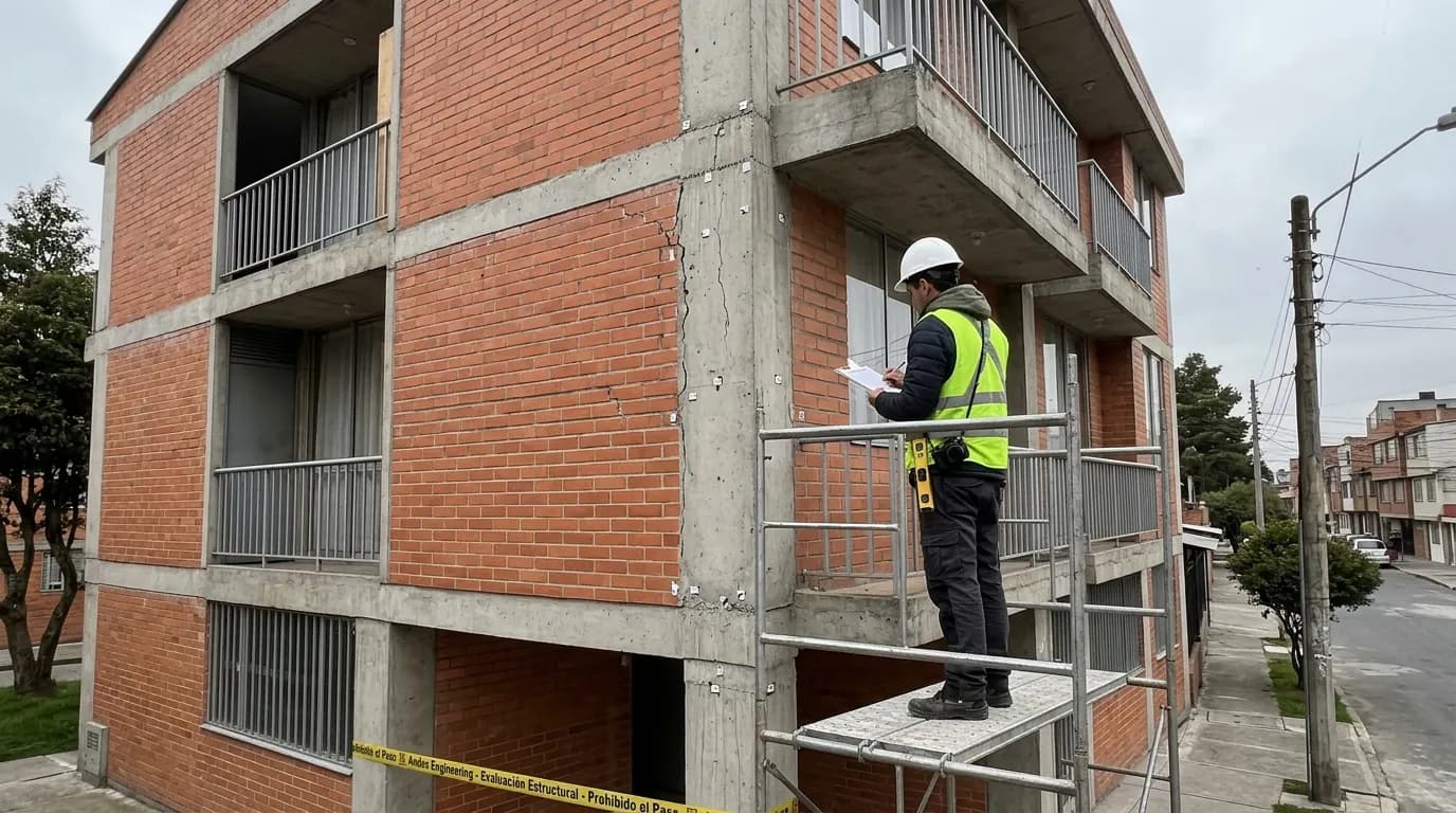 Ingeniero inspeccionando desde un andamio la fachada agrietada de un edificio