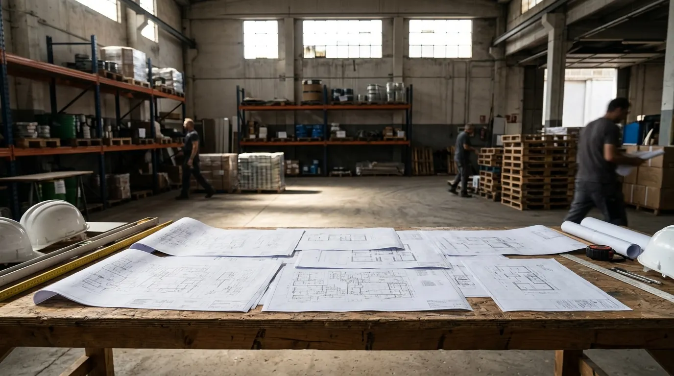 Planos estructurales sobre una mesa de trabajo en una bodega industrial